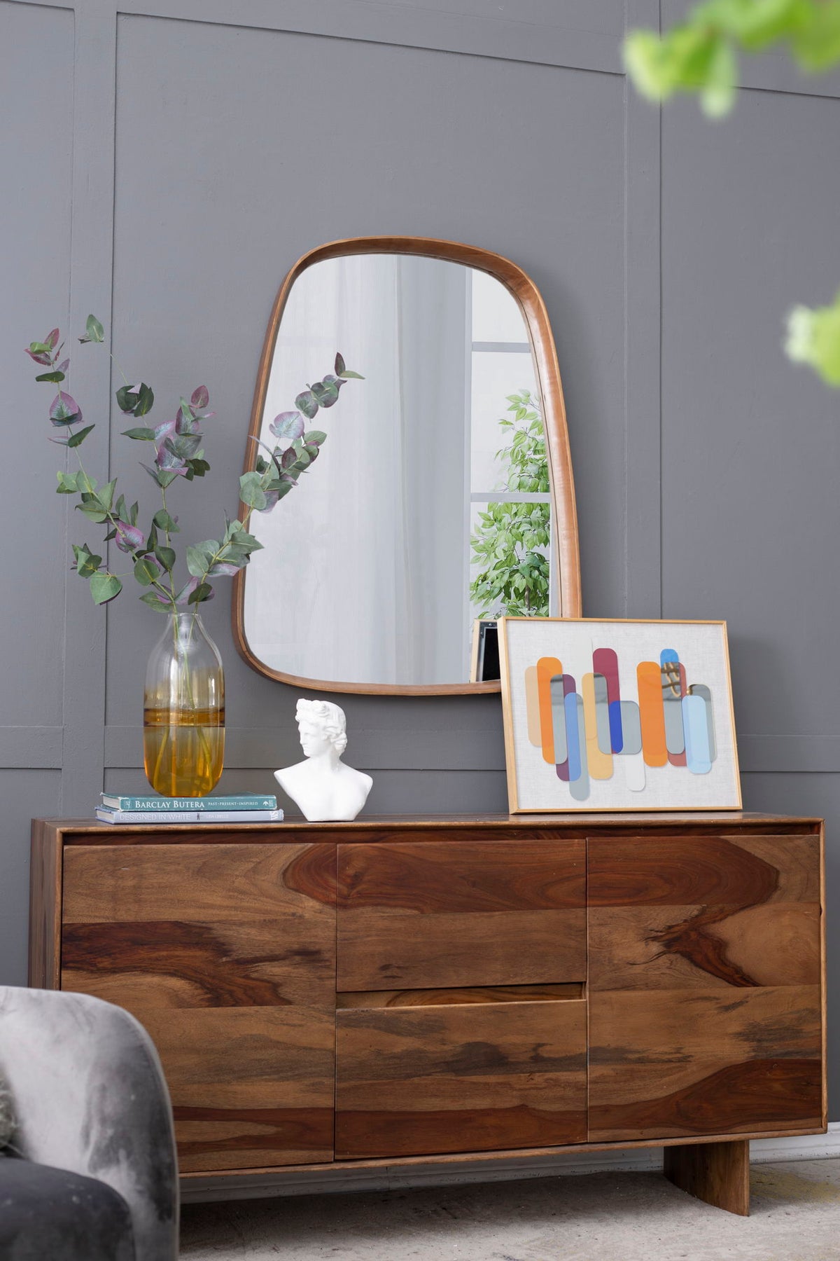 Irregular Wood Frame Wall Mirror with Curved Edges - Brown
