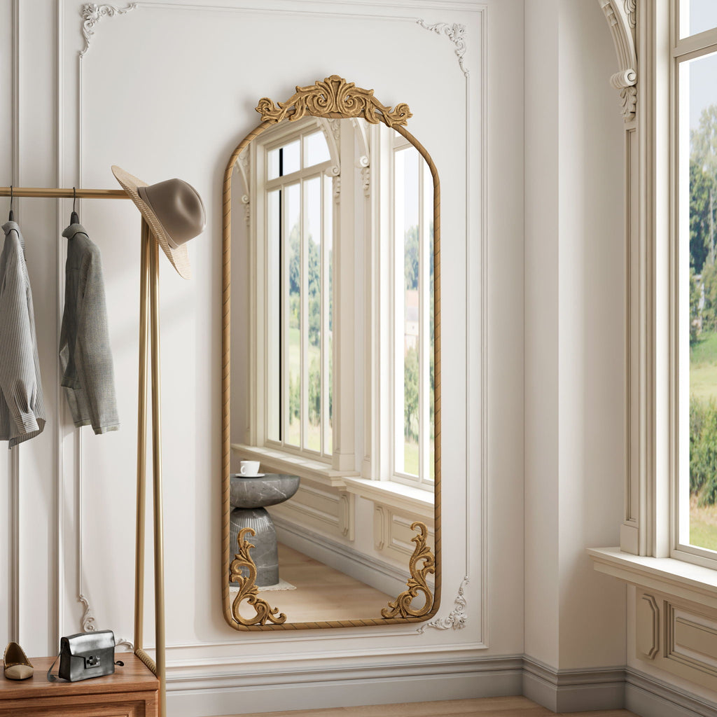 Full Body Arched Mirror with Vintage Carved Applique - Bronze or Pearl Silver