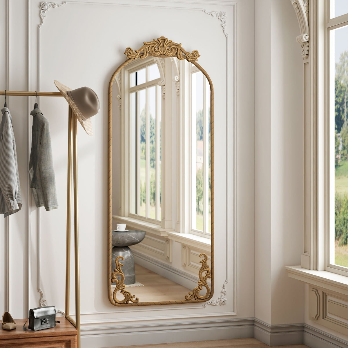 Full Body Arched Mirror with Vintage Carved Applique - Bronze or Pearl Silver