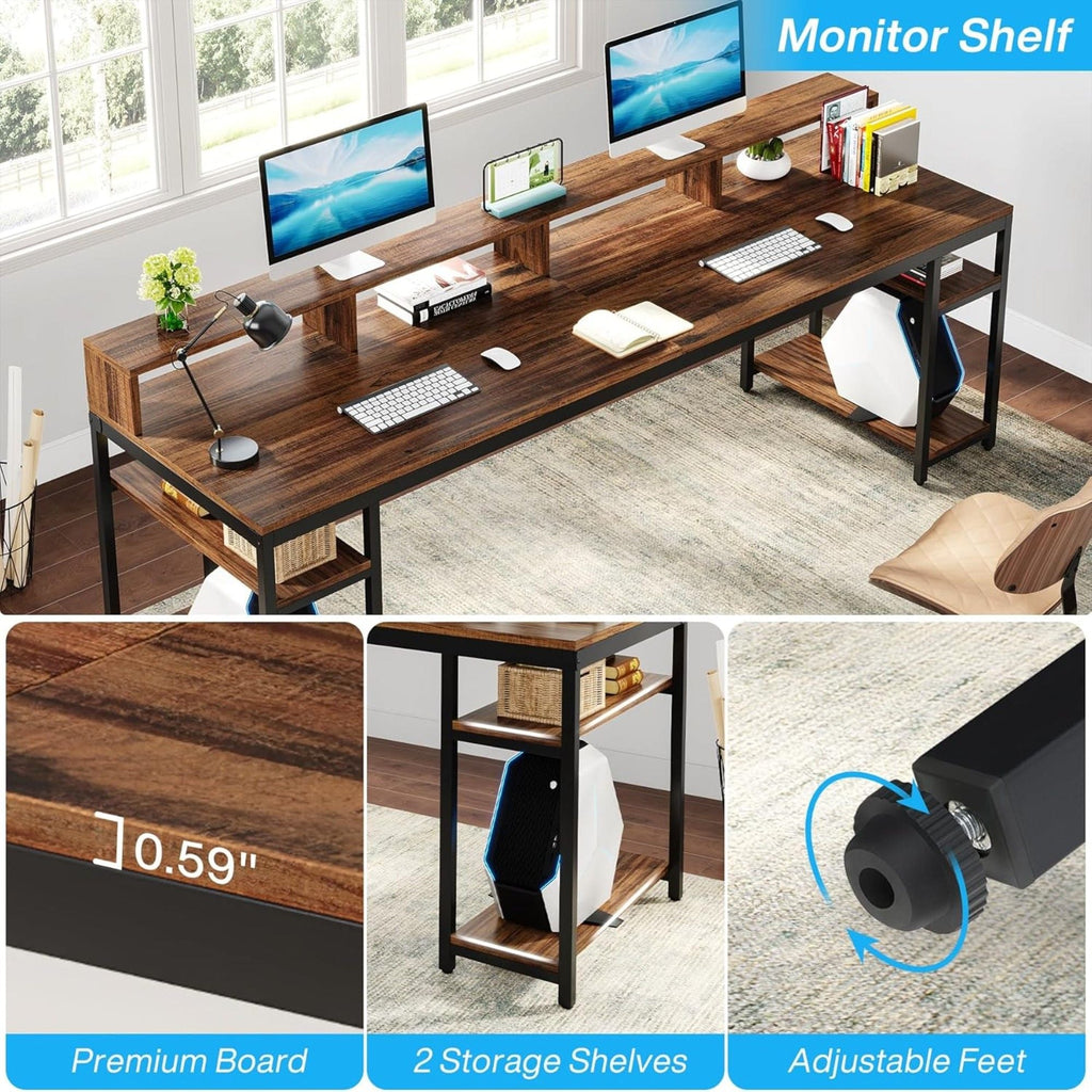 2 Person Desk with Monitor Stand and Dual Storage - Brown / Black