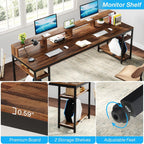 2 Person Desk with Monitor Stand and Dual Storage - Brown / Black