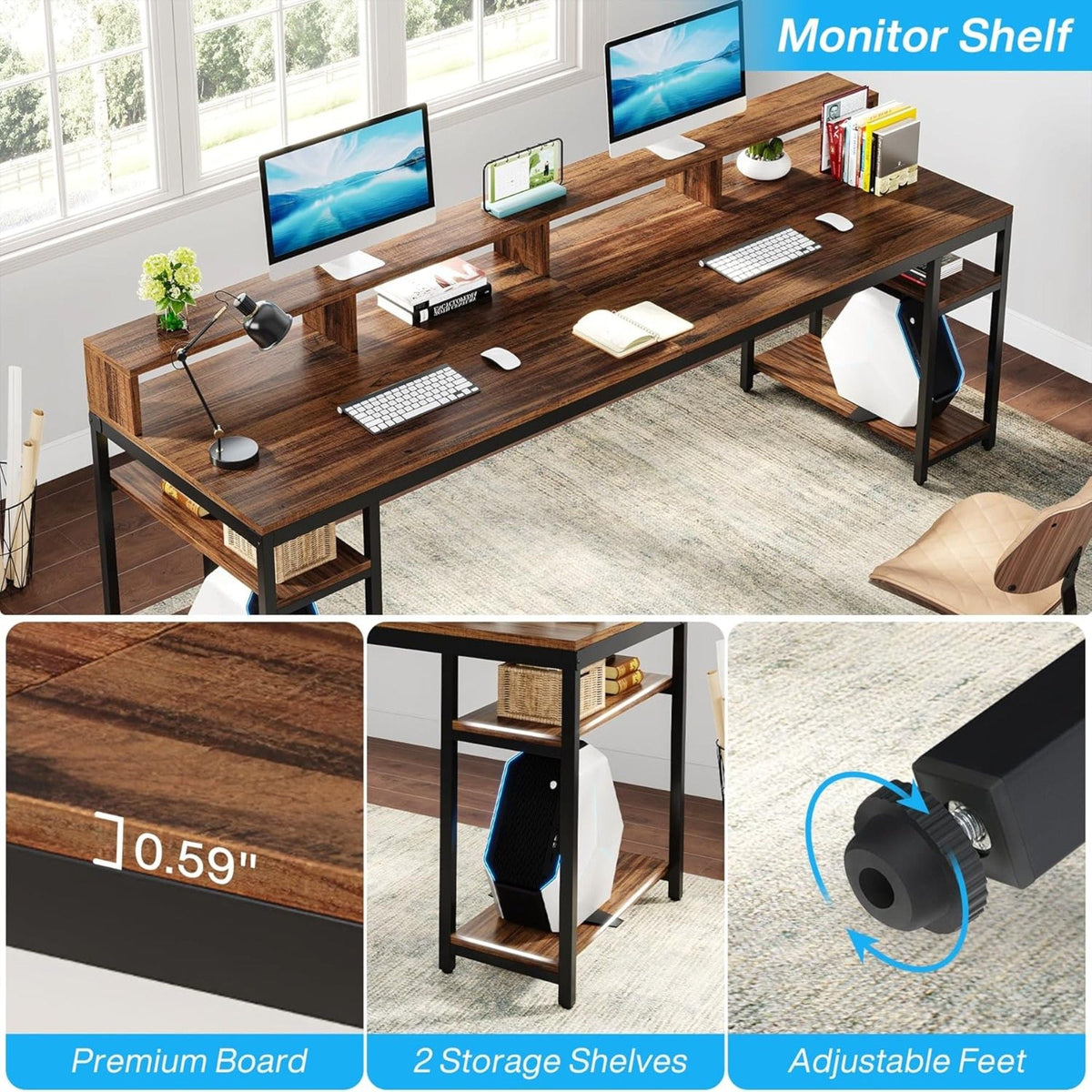 2 Person Desk with Monitor Stand and Dual Storage - Brown / Black