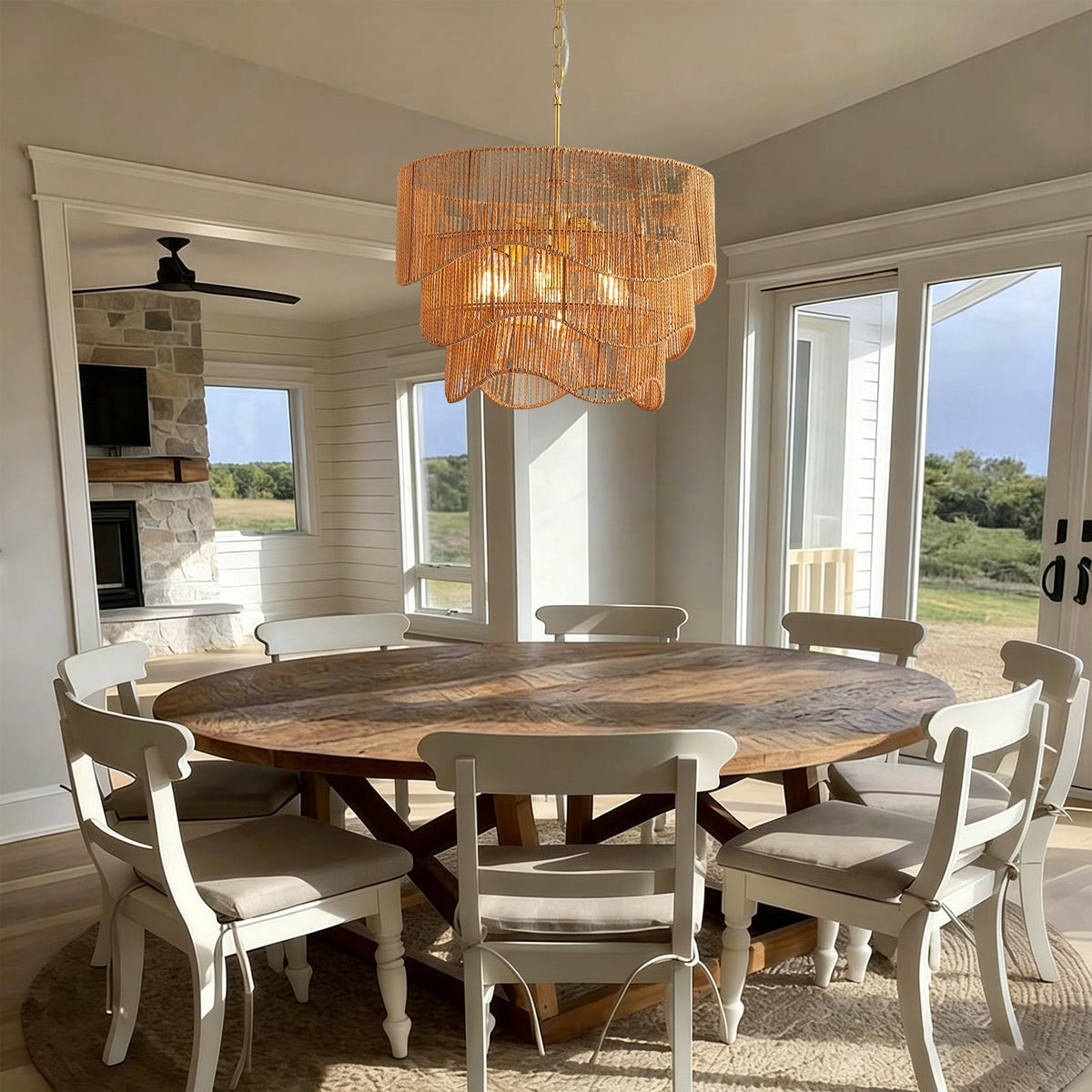 Handwoven Paper Rattan Boho Chandelier with 7-Light E26 Base - Natural