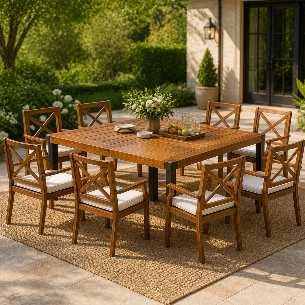 9-Piece Acacia Wood Outdoor Patio Dining Set with X-Back Chairs - Teak Finish