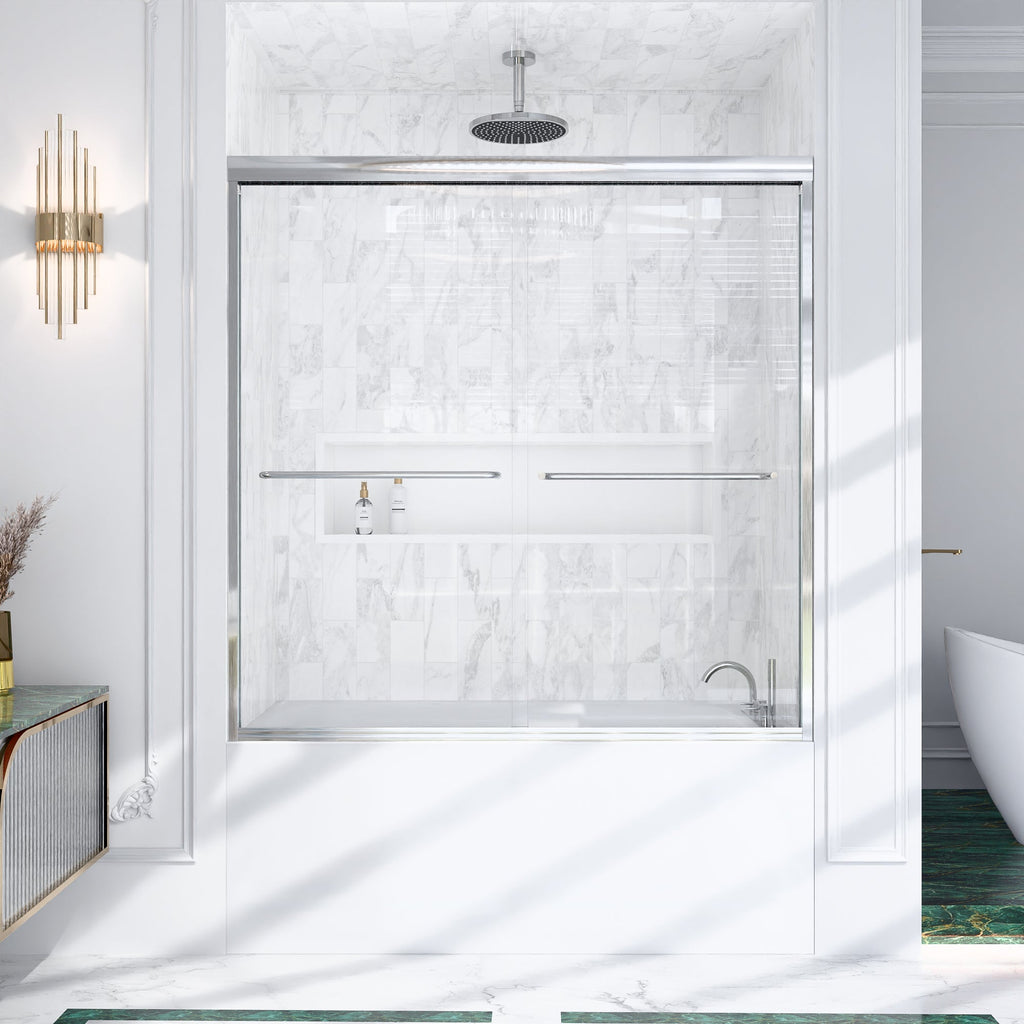 Semi-Frameless Double Sliding Shower Door with Smooth Stainless Steel Rollers - Brushed Nickel