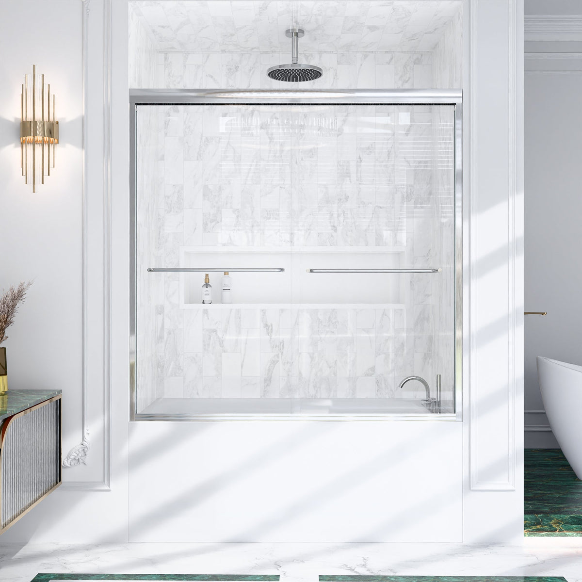 Semi-Frameless Double Sliding Shower Door with Smooth Stainless Steel Rollers - Brushed Nickel