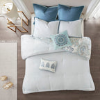 8 Piece Cotton Floral Reversible Comforter Set with Decorative Pillows - Blue