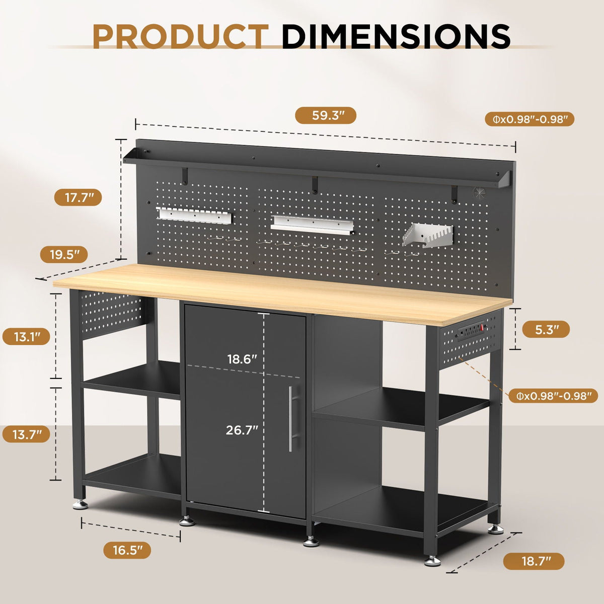 Workbench with Storage Cabinet and Pegboard with Power Outlet - Black