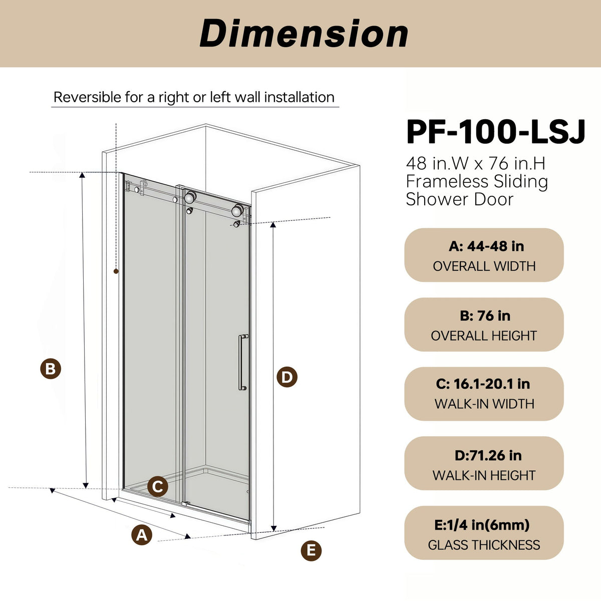 Frameless Single Sliding Shower Door with Handle and Square Tube Track - Gold