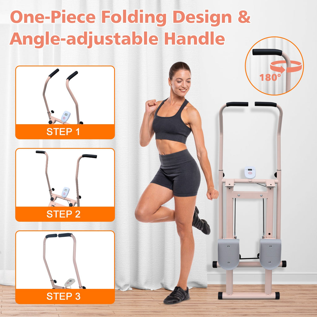 Stair Stepper Folding Vertical Cardio Exercise Climber with Adjustable Handrails - Pink & White