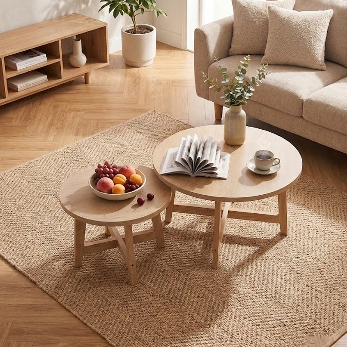 Round Nesting Coffee Tables Set of 2 with X-Cross Support - Natural Wood Finish