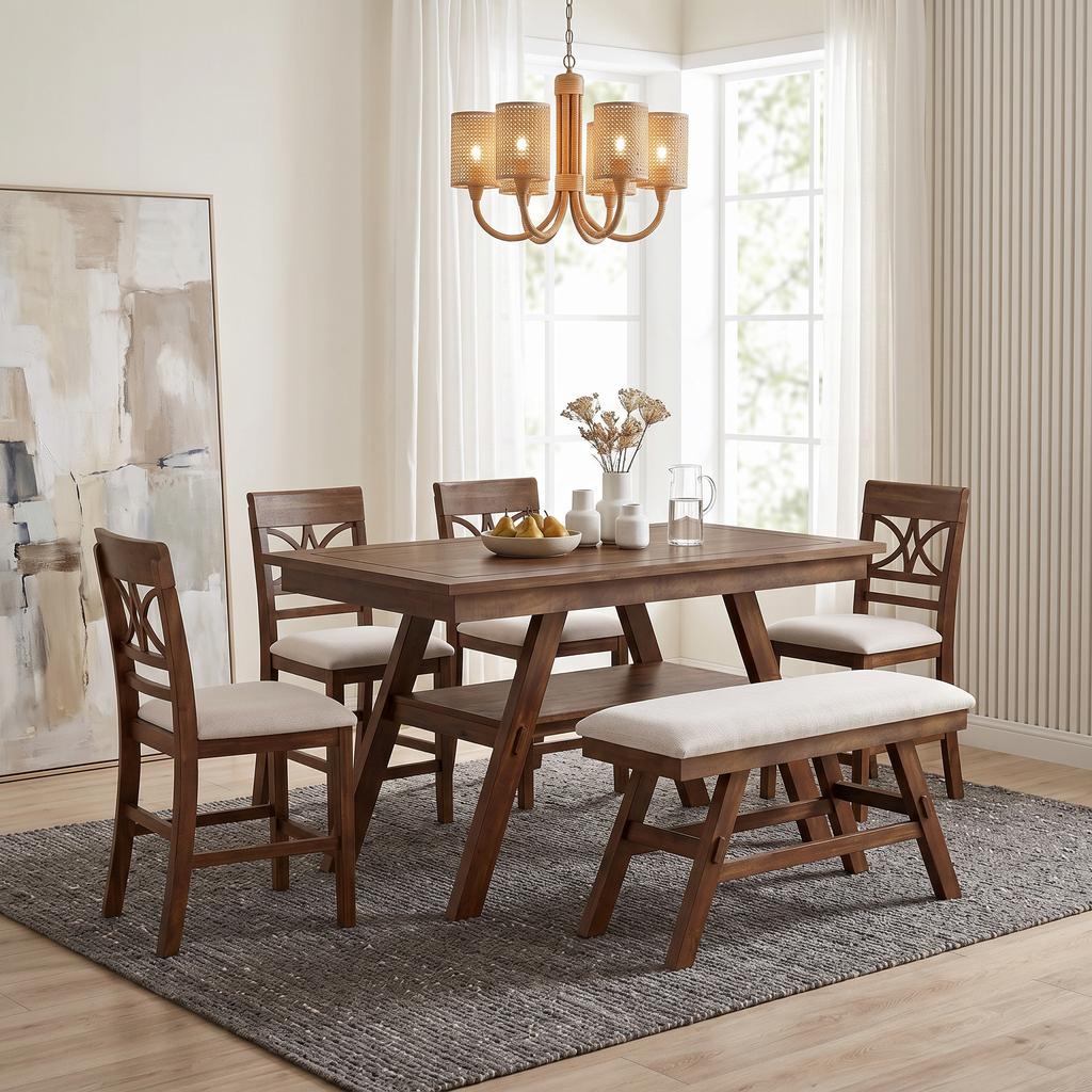 Counter Height 6-Piece Wood Dining Set with Storage Shelf - Walnut
