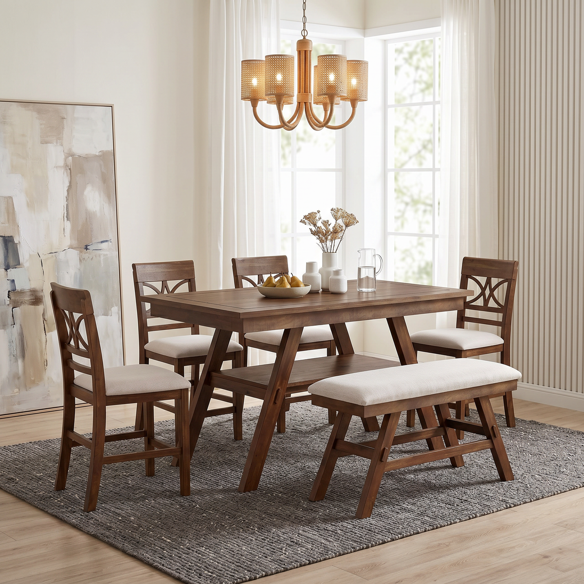 Counter Height 6-Piece Wood Dining Set with Storage Shelf - Walnut