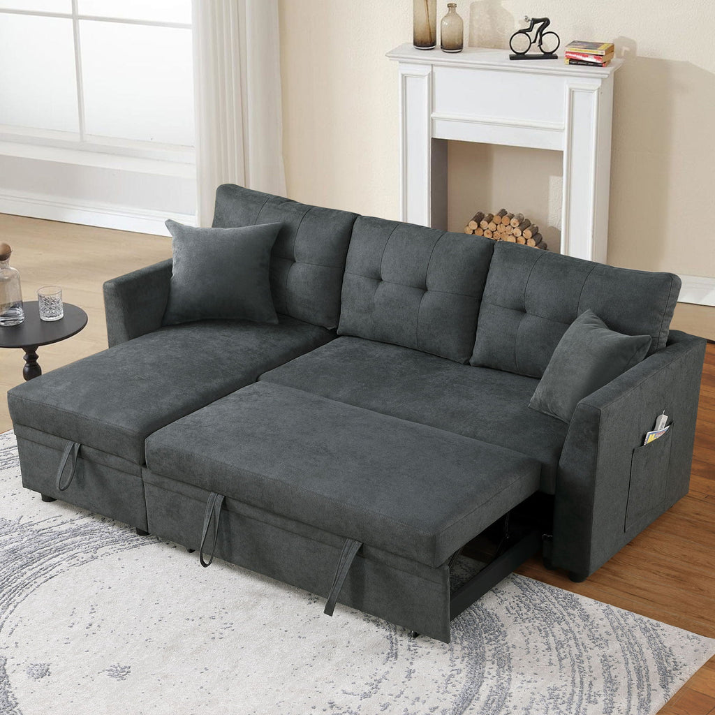 Sectional Sofa Bed with USB Port and Storage - Black or Dark Gray