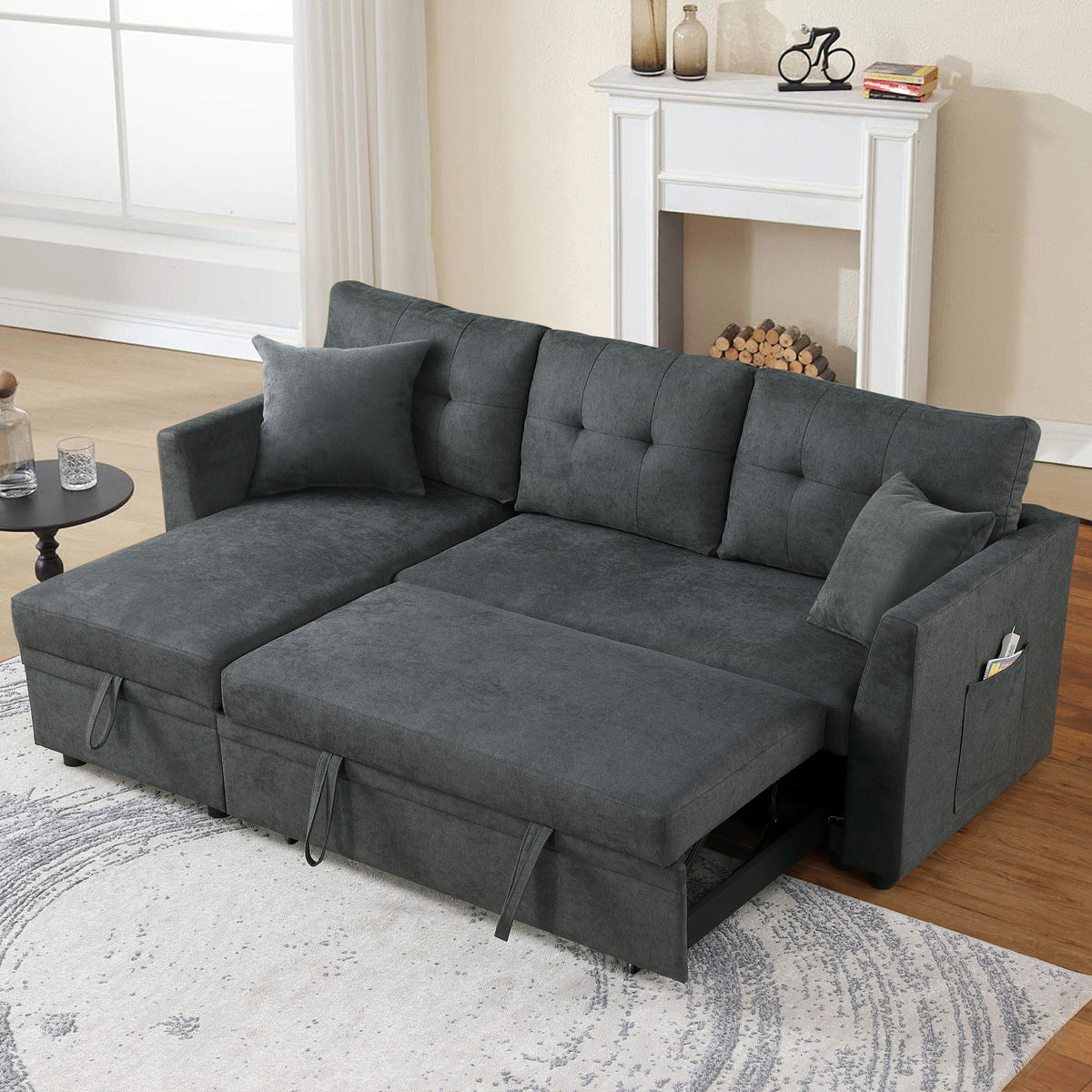 Sectional Sofa Bed with USB Port and Storage - Black or Dark Gray