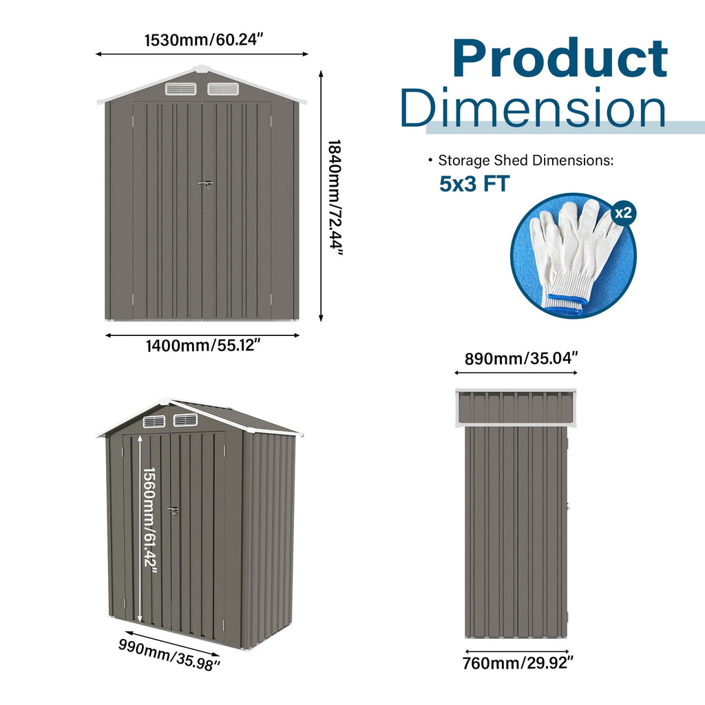 5 x 3 Ft Compact Metal Outdoor Storage Shed with Lockable Door - Gray