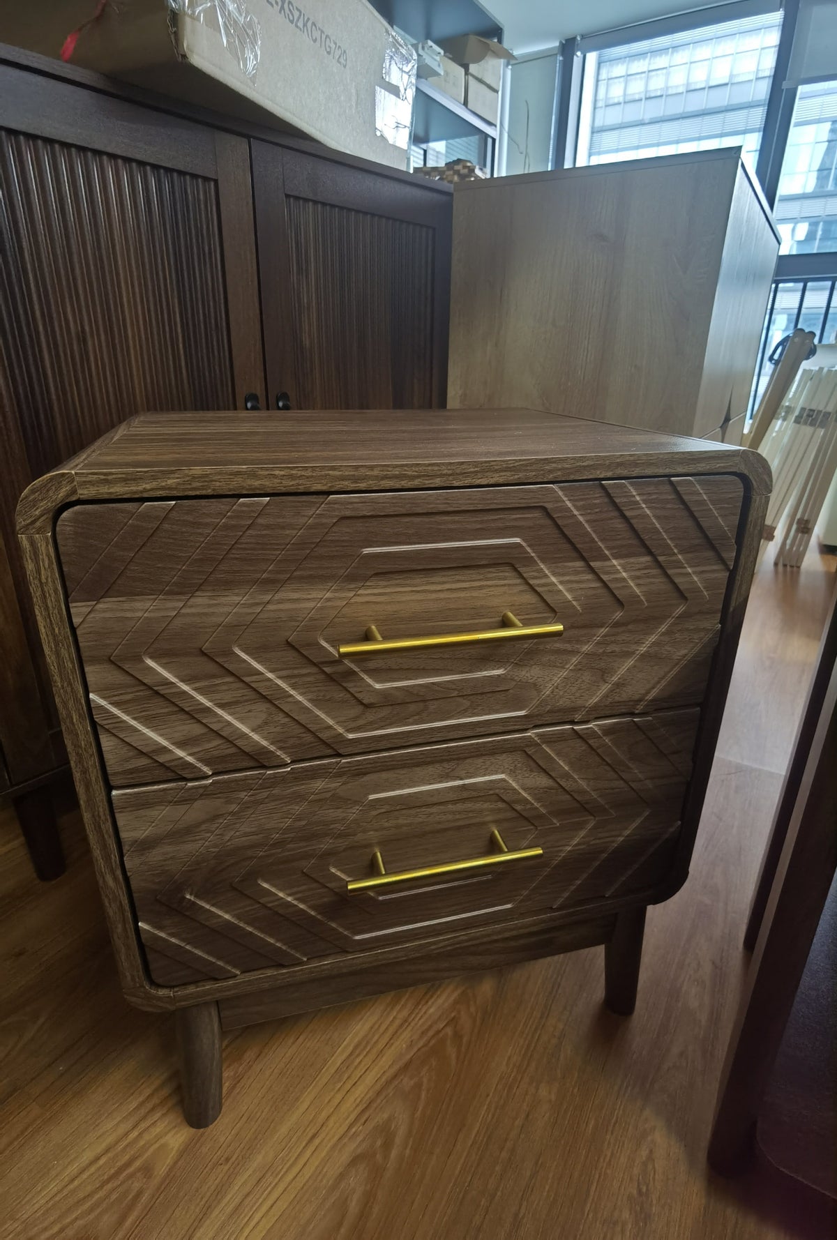 Walnut Wood Bedside Table with Double Drawers - Walnut