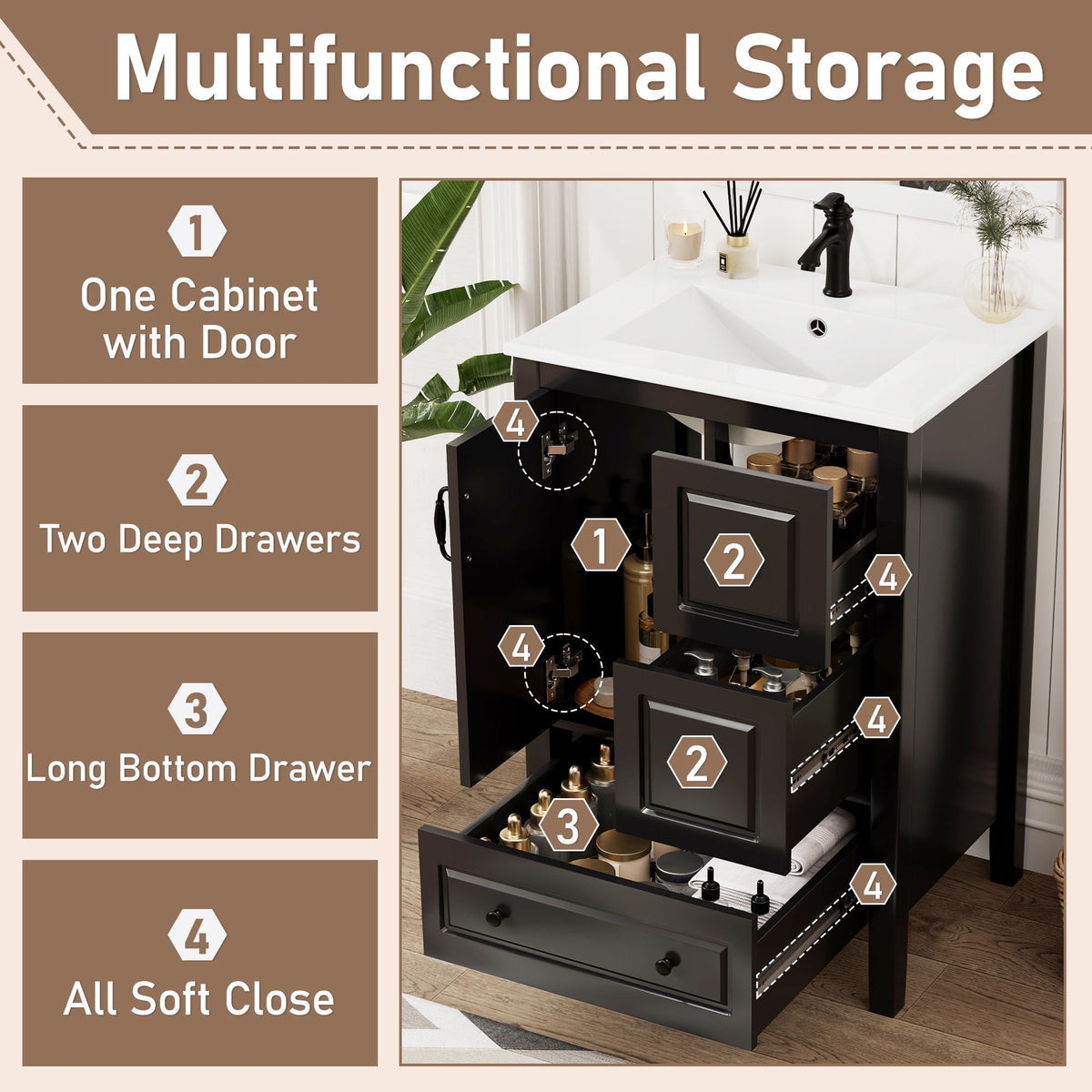 Retro Bathroom Vanity with Ceramic Sink and Soft-Closing Drawers - White, Black, or Green