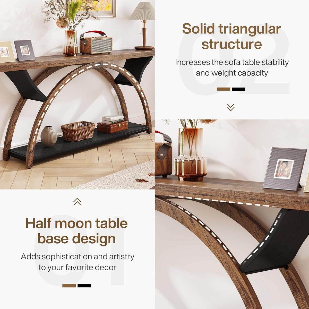 Console Table with 2-Tier Storage and Half Moon Frame - Brown / Black