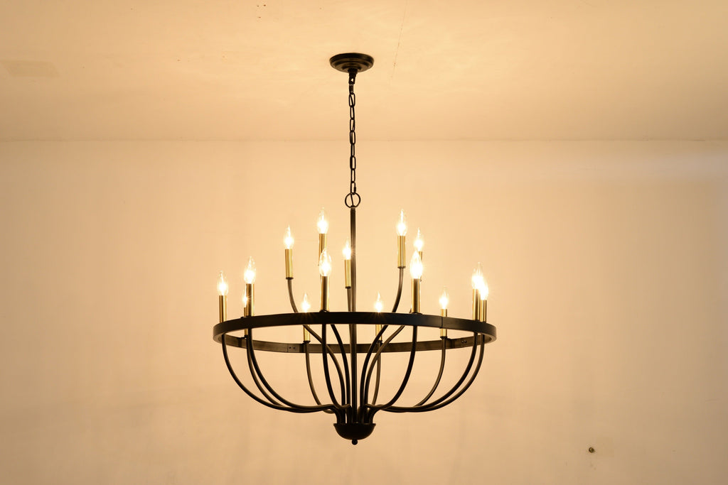 18-Light Industrial Iron Candle Chandelier with Adjustable Height - Gold & Black