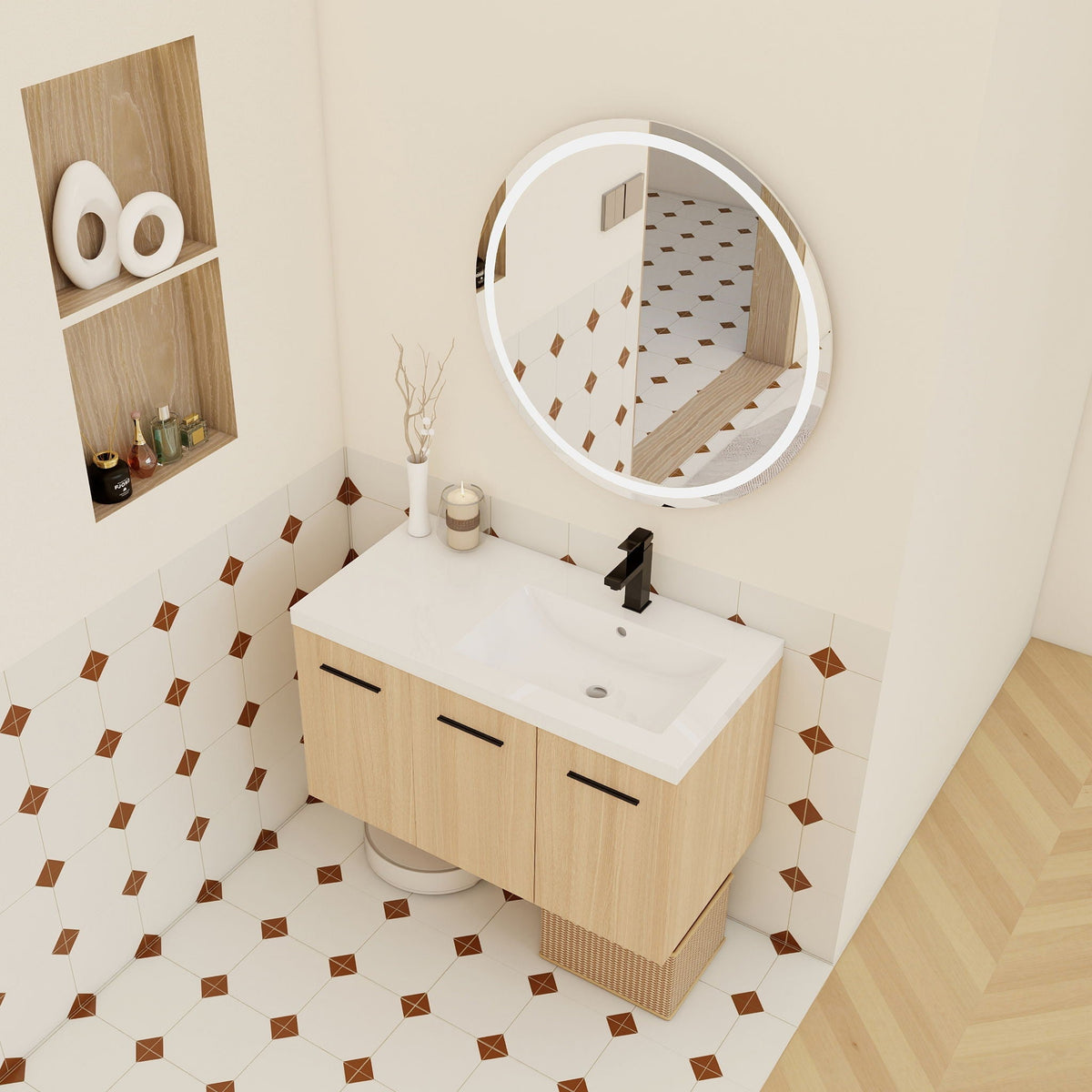Wall Mounted Floating Bathroom Vanity with Modular 3-Door Cabinet - Light Brown