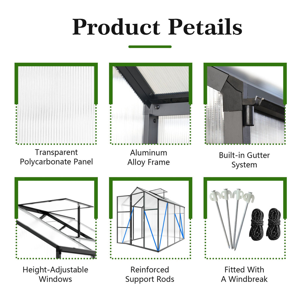 Windproof Greenhouse with Raised Base - Polycarbonate Panels - Black