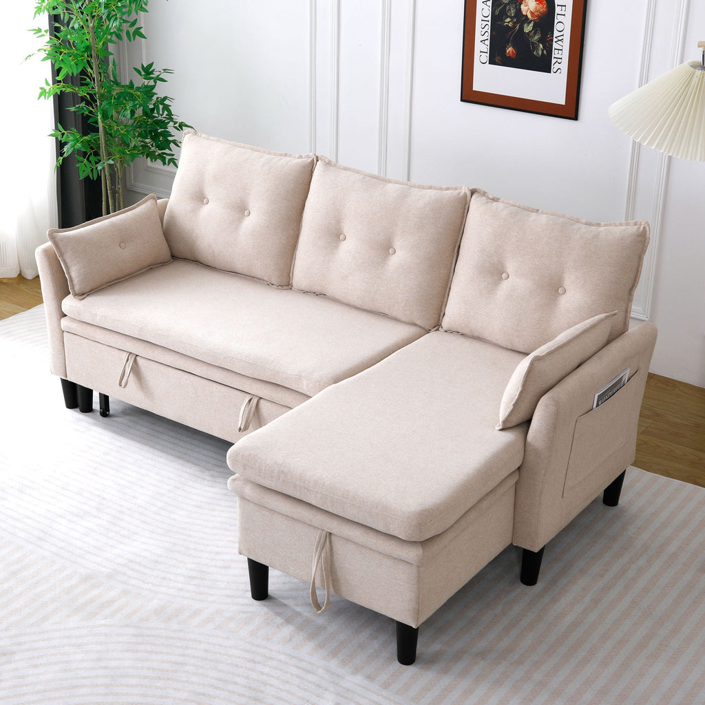 Reversible Chaise Sleeper Sectional Sofa with Storage - Cotton-Linen Upholstery