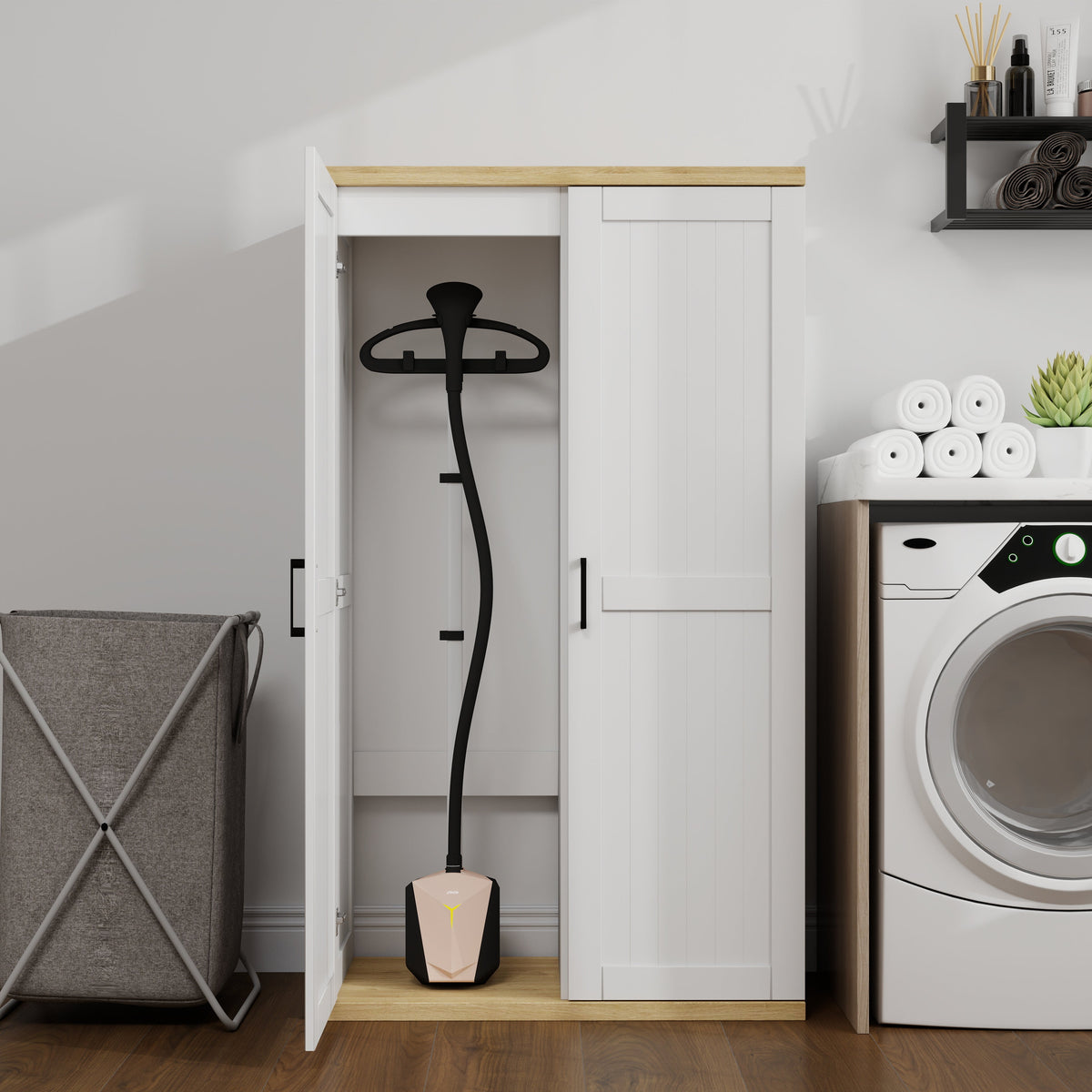 Tall Wooden Vacuum Storage Cabinet with Adjustable Shelf - White
