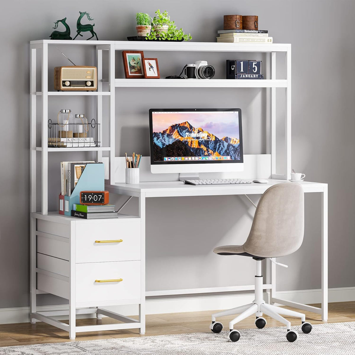 Computer Desk With Hutch, 2 Drawers & Open Shelves - Dark Gray or White