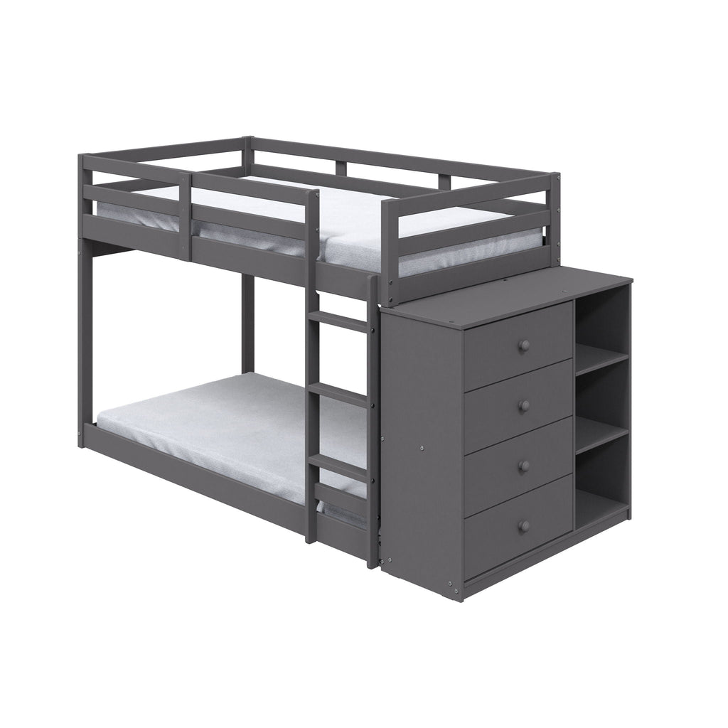 Gray Twin Over Twin Bunk Bed with 4 Drawers and Compartments
