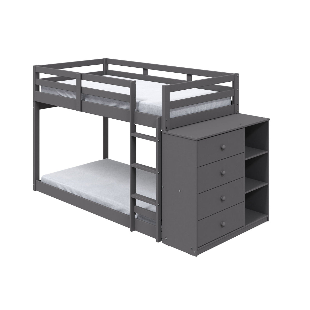 Gray Twin Over Twin Bunk Bed with 4 Drawers and Compartments