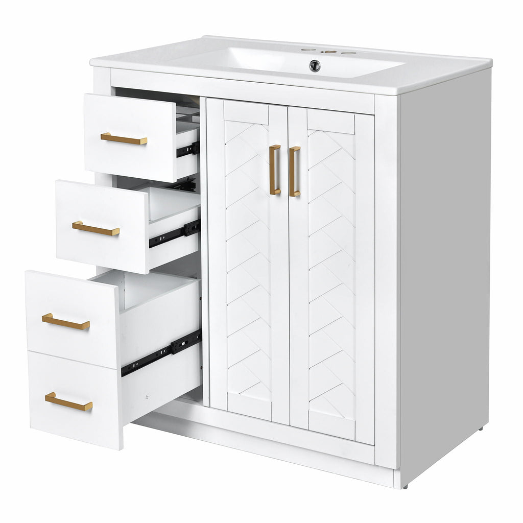 Ceramic Sink Vanity Combo with 3 Drawers and Soft Closing Doors - 30"