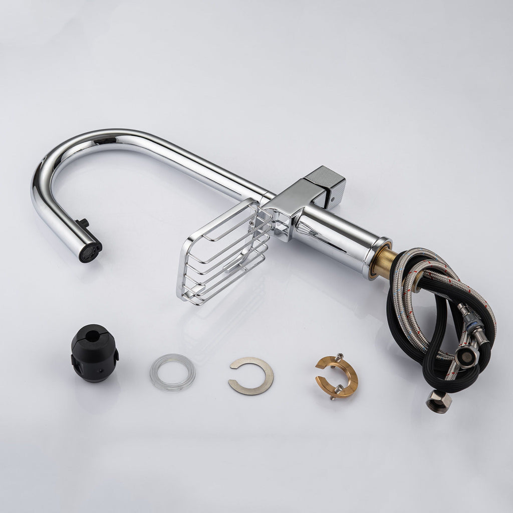 High Arc Pull Down Kitchen Faucet with Built-In Shelf - Pearl Silver or Gold