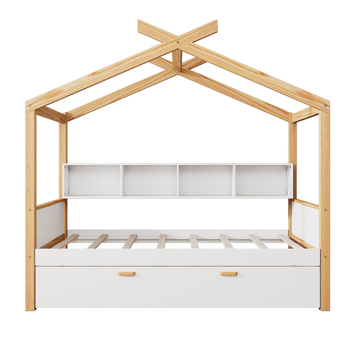 House Bed With Bookshelf Storage and Integrated Shelves - White