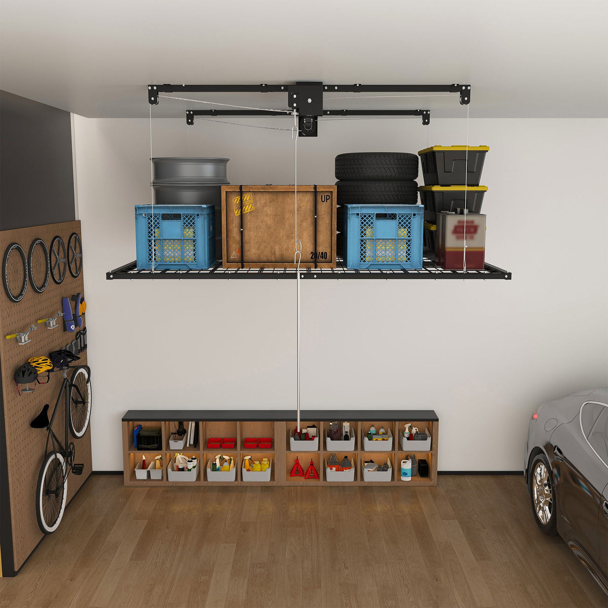 Overhead Garage Storage Rack with Crank System - Black or White