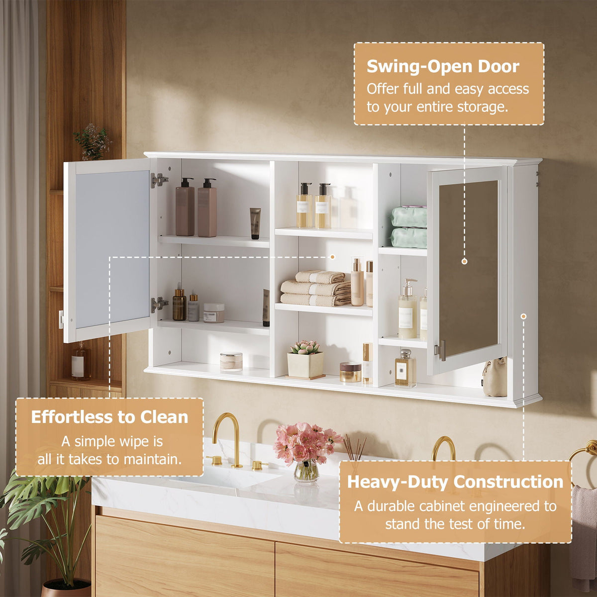 Wall Mount Mirror Cabinet with Adjustable Shelves - White