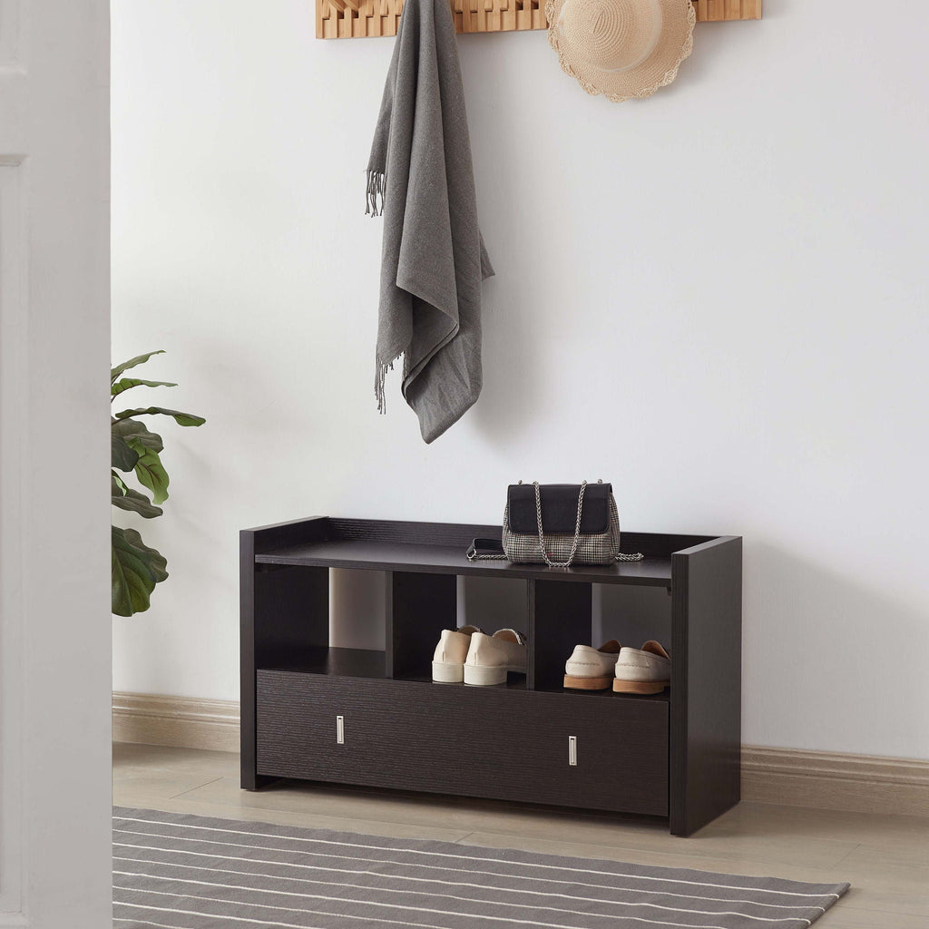 Dark Brown Shoe Entry Bench with Three Shelves and Drawer