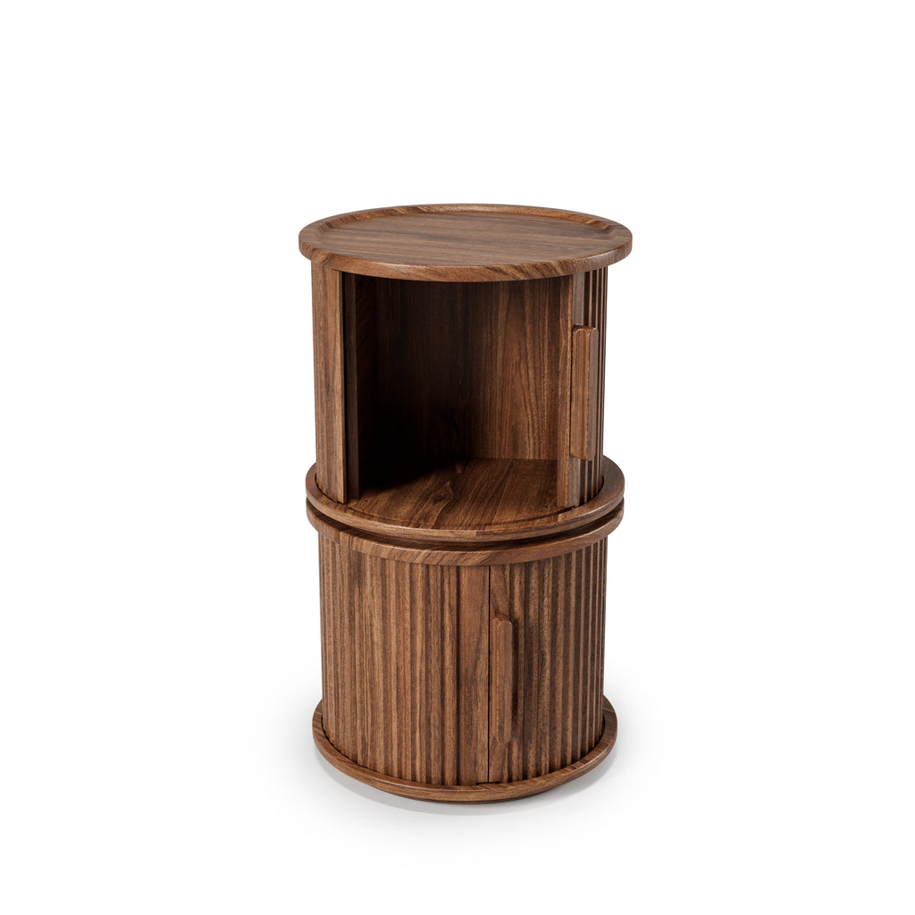 2-Piece Round Coffee Table Set with Sliding Door Storage - Walnut
