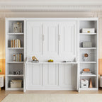 Murphy Bed With Desk and Bookshelf with Solid Pine Wood - White