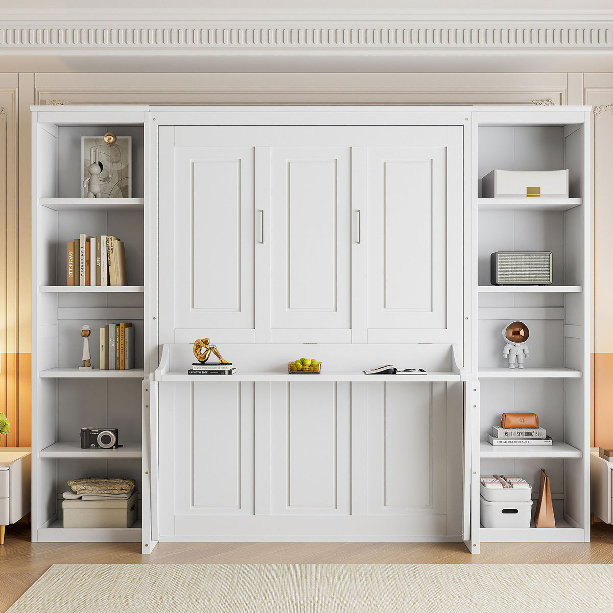 Murphy Bed With Desk and Bookshelf with Solid Pine Wood - White