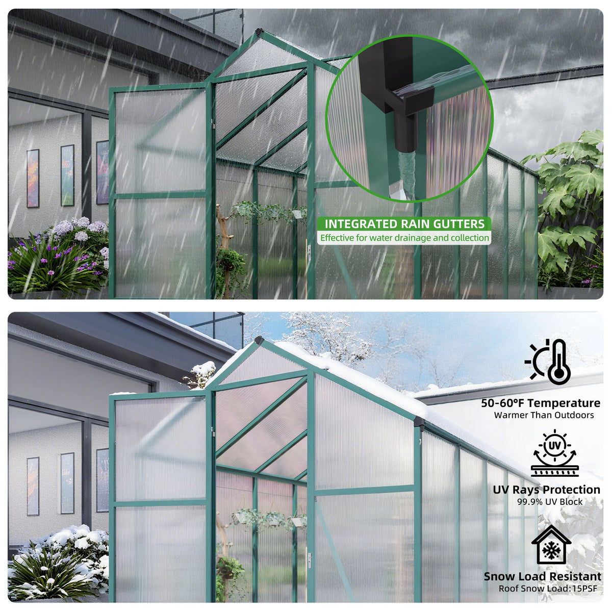 Polycarbonate Walk-In Greenhouse with Raised Base - Green