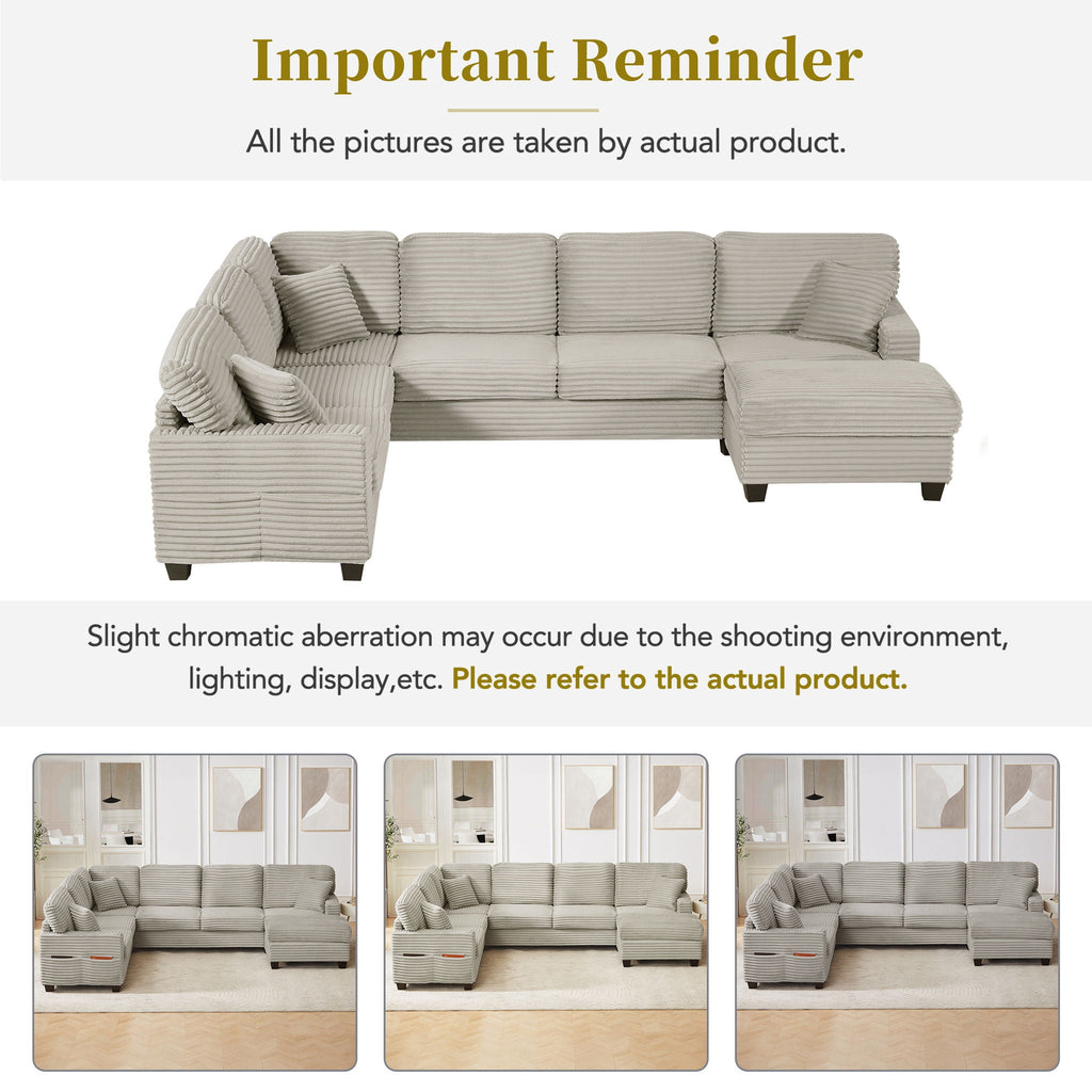 U-Shaped Upholstered Sectional Sofa with Movable Ottoman
