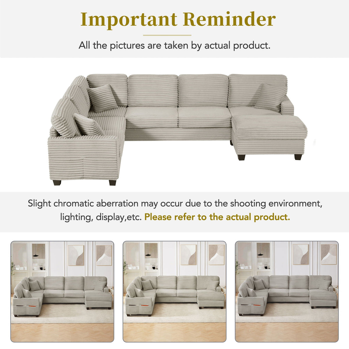 U-Shaped Upholstered Sectional Sofa with Movable Ottoman