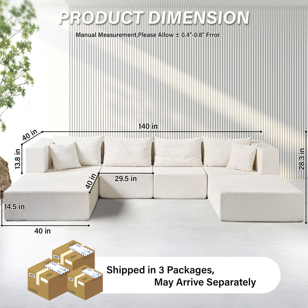 140" Modular Sectional Sofa Bed with Convertible U-Shaped Design - Corduroy