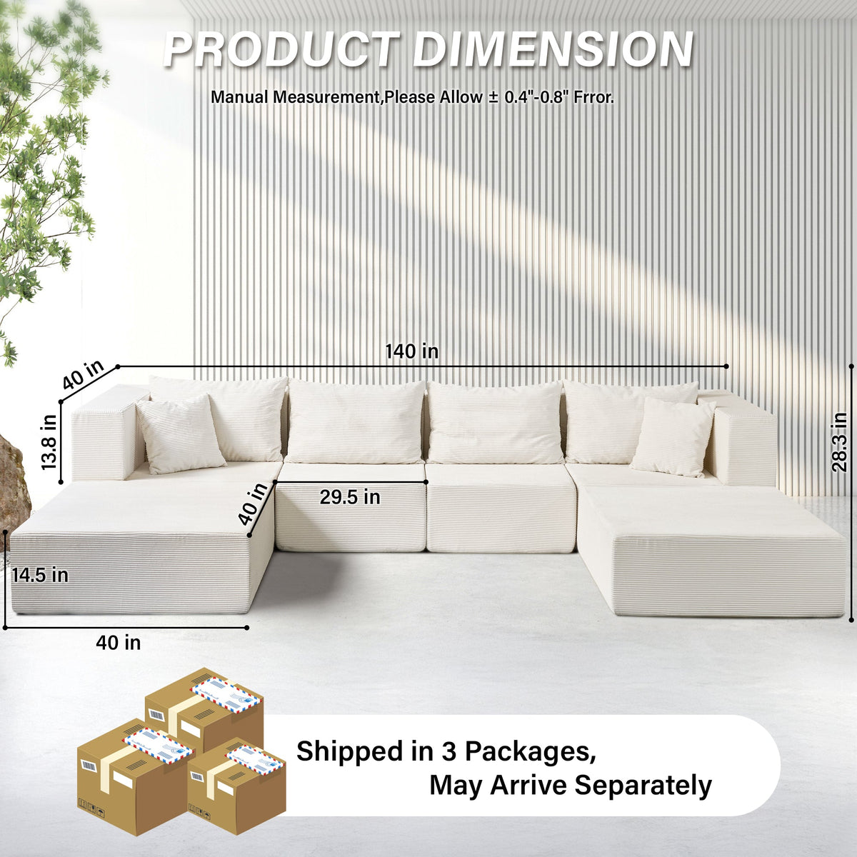 140" Modular Sectional Sofa Bed with Convertible U-Shaped Design - Corduroy
