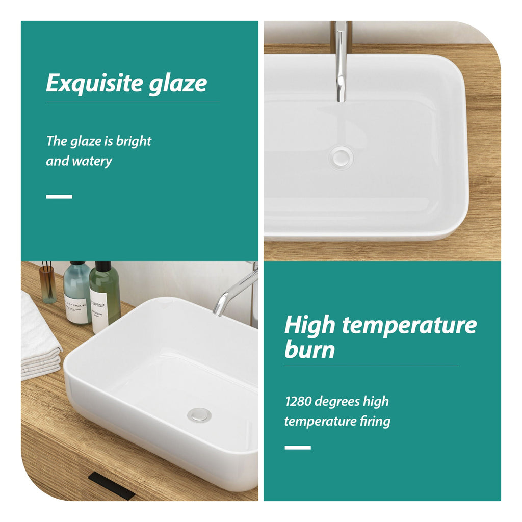 Modern Rectangular Vessel Bathroom Sink with Stain Resistant Ceramic - White