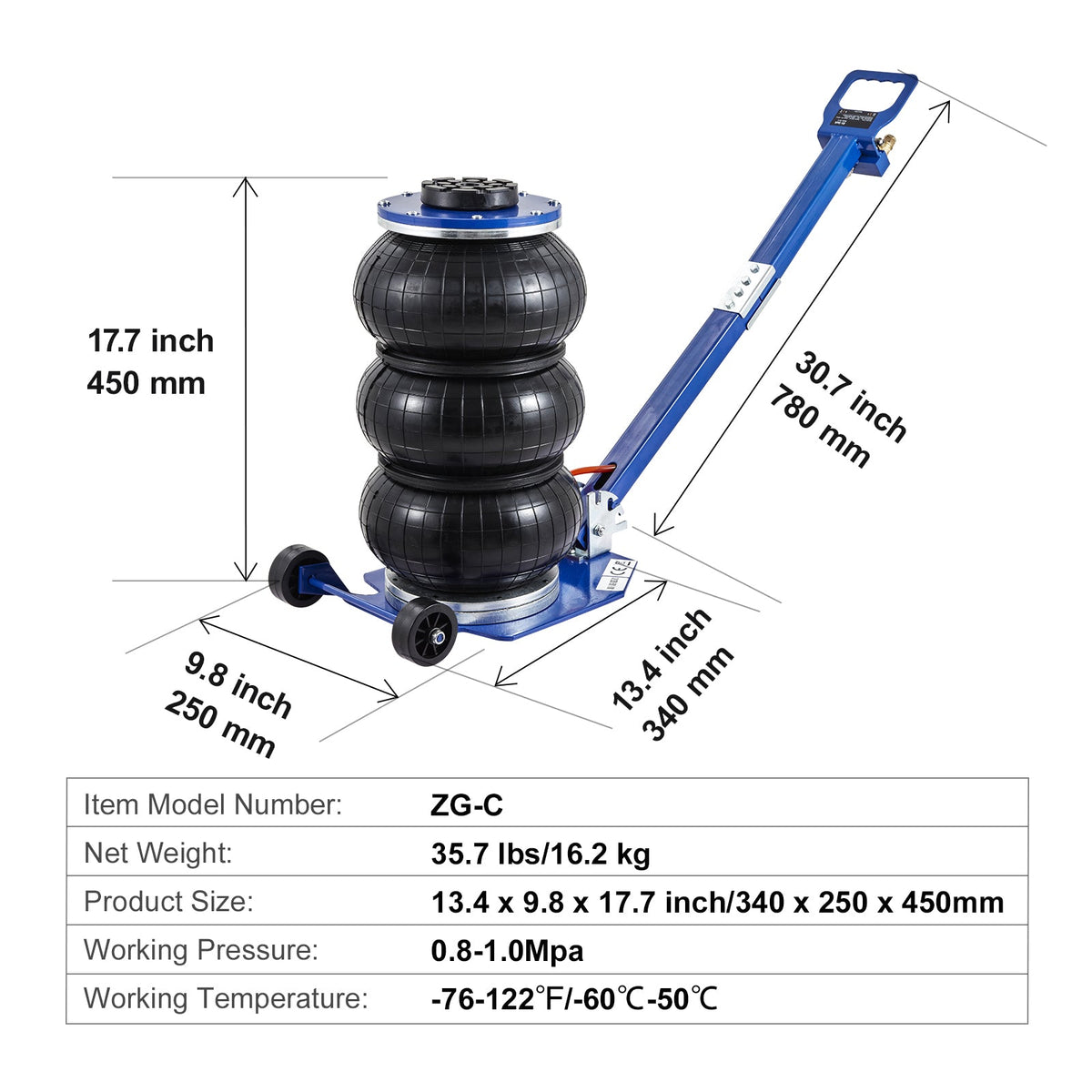 3 Ton Triple Bag Air Jack with Fast Lifting System - Blue