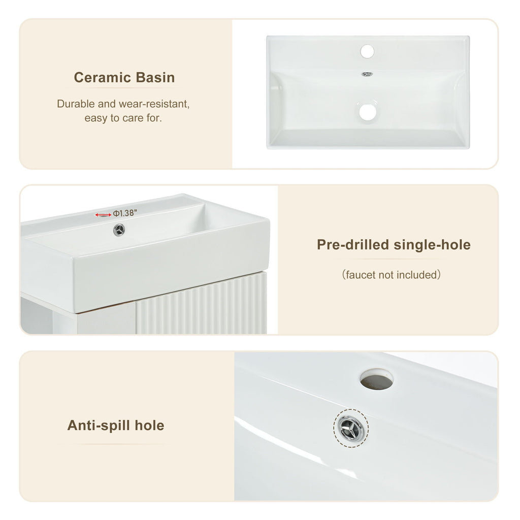 Bathroom Vanity with Single Ceramic Sink and Side Storage - Multiple Colors