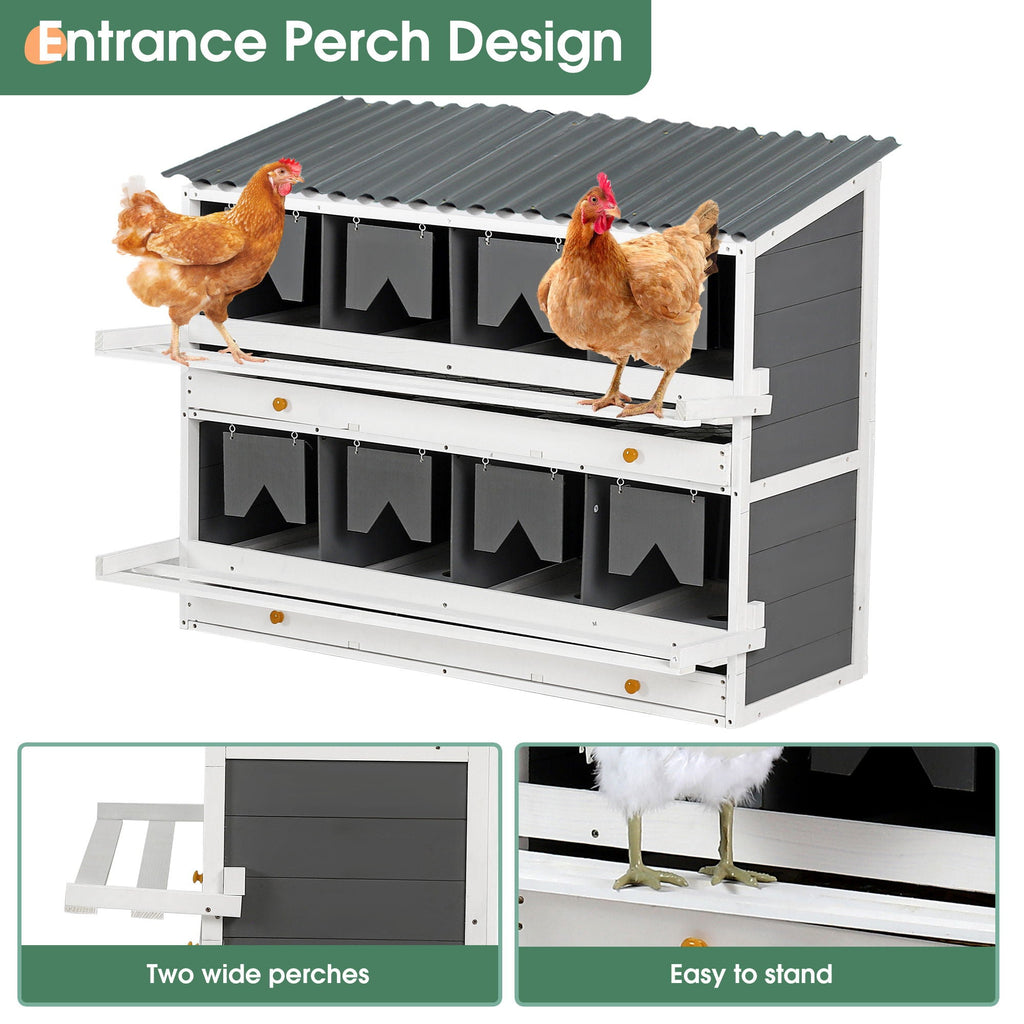 Wooden Chicken Nesting Box with 2 Egg Collection Drawers - White / Gray
