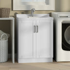 White Laundry Cabinet with Stainless Steel Sink and Pull-Out Faucet